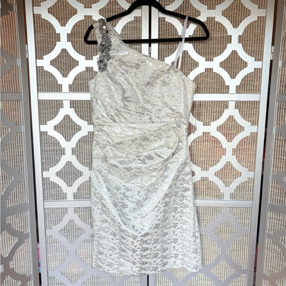 NWT London Times White Ruched One Shoulder Dress